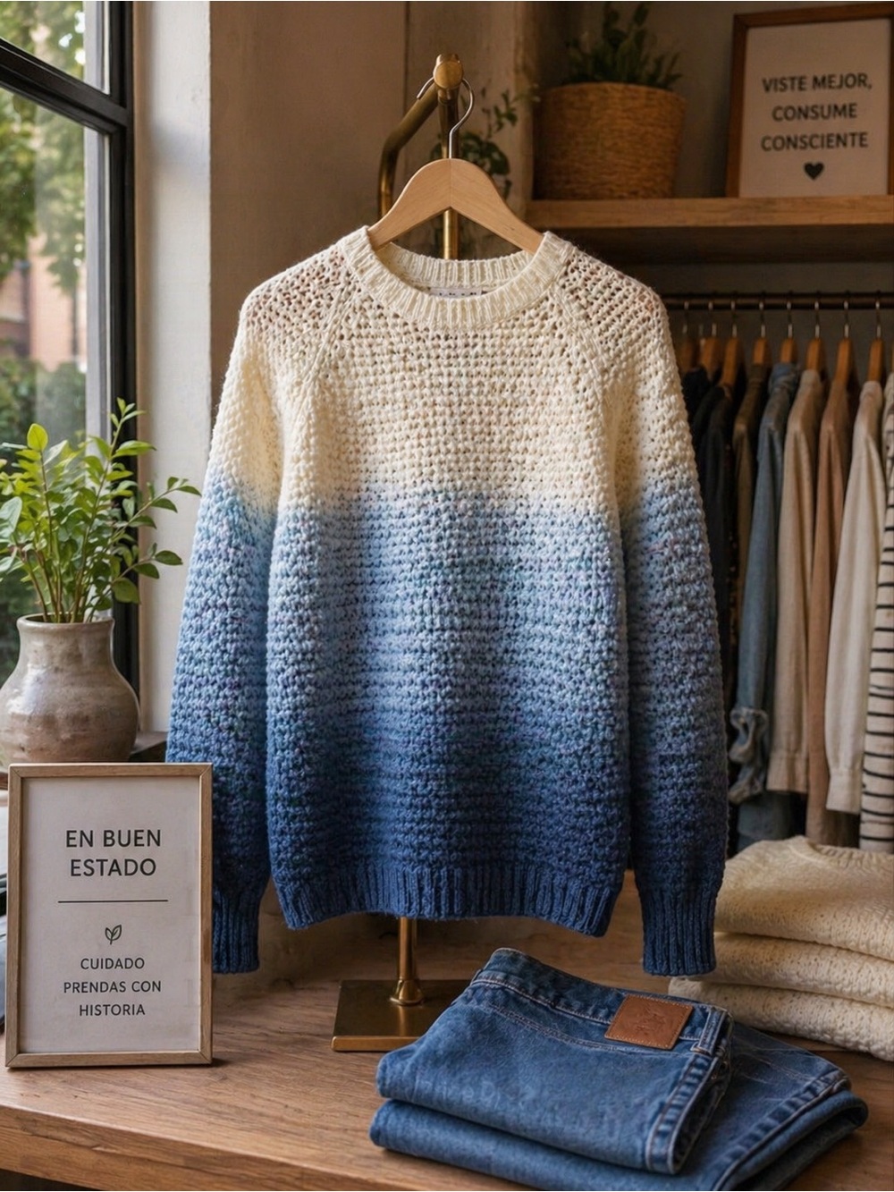 IN GOOD CONDITION Harlowe & Graham Cream to Blue Ombre Crewneck Sweater